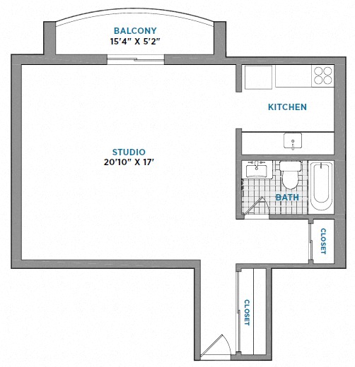 Floor plan for studio, 1 bath, 600 sqft